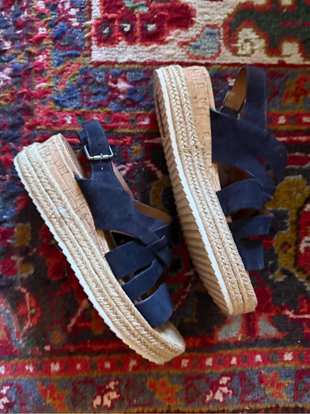 Trask Randi Navy Oiled Suede Espadrille Platform Sandals 9.5